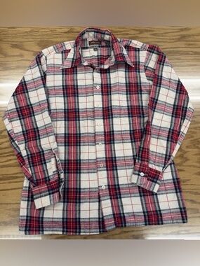 True Vintage 70s Arrow Flannel Shirt Red White Plaid L Grunge Brown Label 1970s